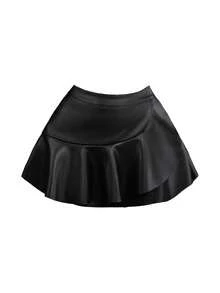 Falda ajustado de cintura alta de piel de imitación negra con volante asimétrico en el bajo, pantalón falda de piel de imitación elástica con forro, adecuado para festivales de música y fiestas, primavera/verano - Negro - Ver 9