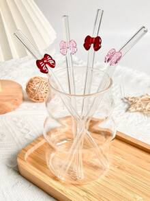 2/4pcs Cute Pink/Red Bow Decor Glass Straw Set, Reusable Bent Thick Transparent Glass Straw Tableware Set, Suitable For Kitchen Accessories, Straw Decor, Cold Drinks, Milk Tea, Coffee, Juice, Smoothie, Home, Restaurant, Hen Party, Wedding, Cocktail Party, Back To School, Gifts For Girlfriend/Boyfriend, Parents, Friends, Holidays, Summer, Easter Gifts - View 2