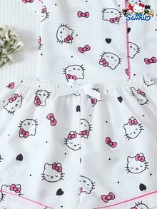 SANRIO 女士睡衣套装，心形印花短袖口袋上衣和蝴蝶结短裤，休闲家居服 - 白色 - 查看 6