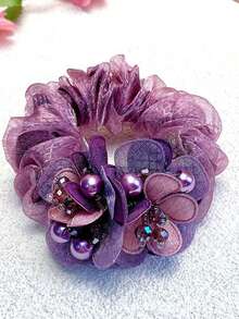 Pearl Double Flower Large Intestine Hair Tie, Suitable For Daily Hair Styling, Travel, Gatherings, Daily Leisure And Commuting, Photography, Spring And Summer Clothing Matching - Multicolor - View 3