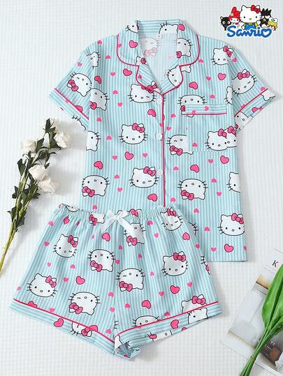 SANRIO 女士睡衣套装，条纹爱心印花短袖口袋上衣和蝴蝶结短裤，休闲家居服