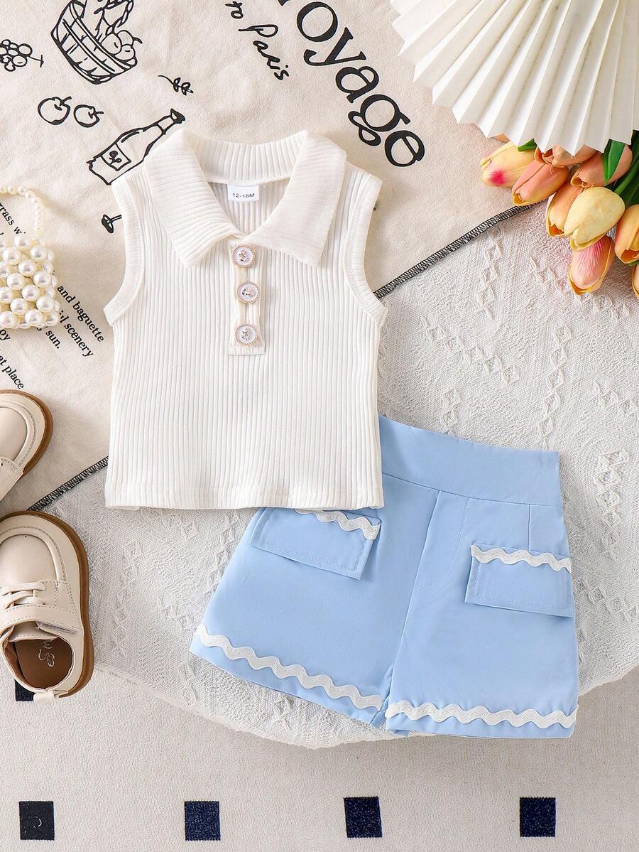 2件套女婴可爱polo领罗纹背心+短裤套装，轻薄夏季服装 - 淺藍色 - 查看 1