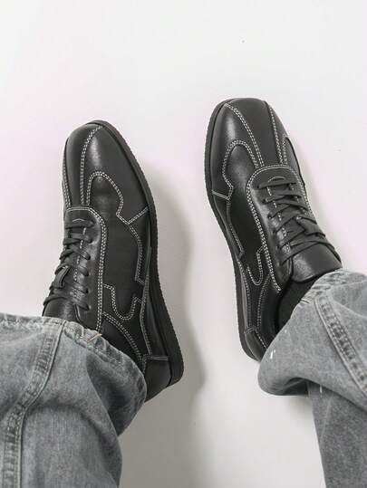 男士黑色休闲通勤牛津鞋，简约复古经典方头乐福鞋