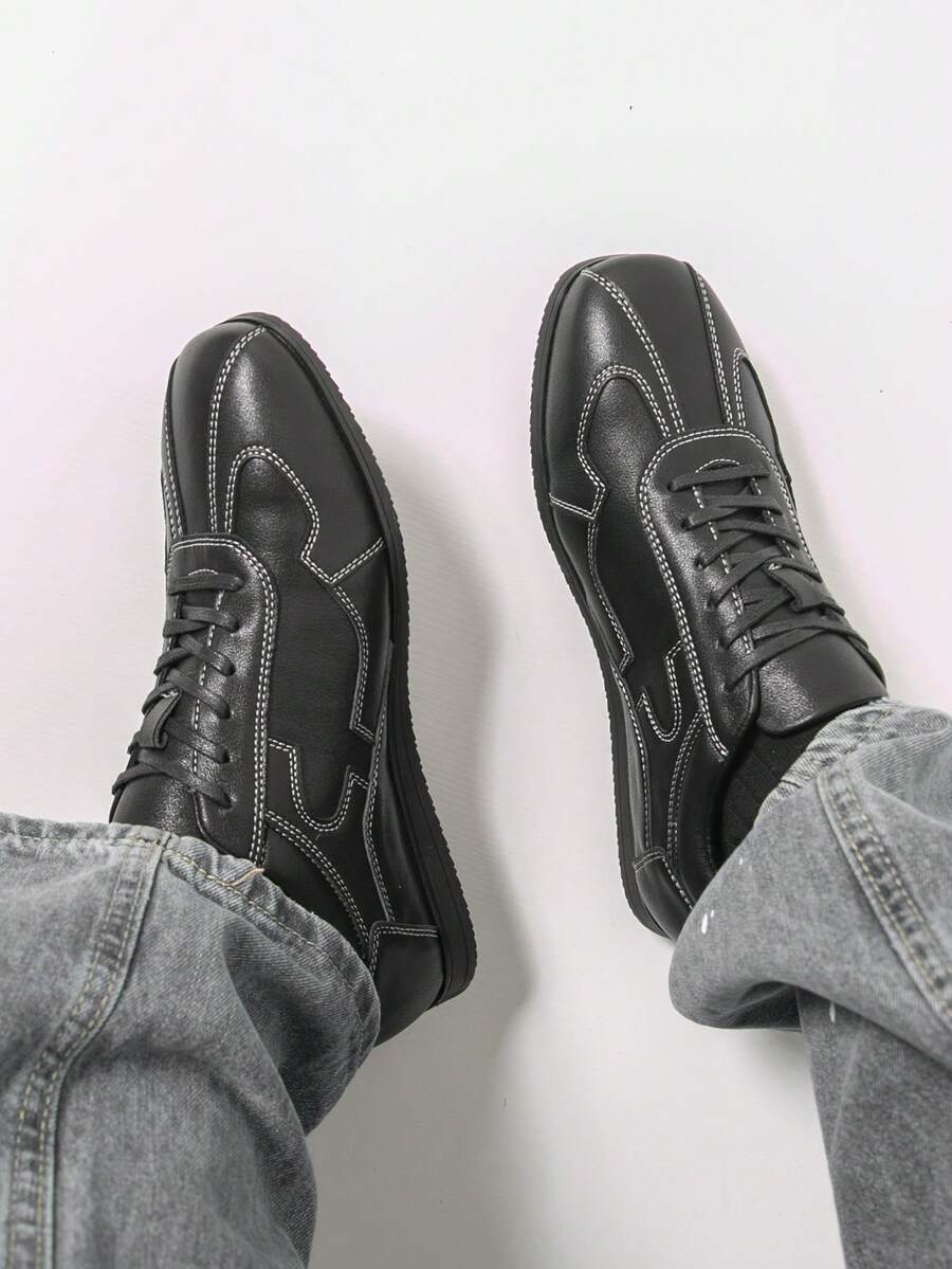 男士黑色休闲通勤牛津鞋，简约复古经典方头乐福鞋 - 黑色 - 查看 1