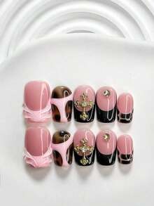 10pcs/Set Valentine's Day Handmade Nail Art Kit, Includes White Flower & Bow Decor, White & Red Gel Nails, French Polka Stickers, Heart Painting, Silver Beads Embedded, 3 Sizes Available: Almond/Square/Coffin Shape, With Set, Suitable Sweet Ladies & Girls, Valentine's Day/Party/Daily Wear Nail Supplies Handmade Press On Nails - 多色 3 - 查看 5