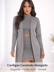 Women's Ribbed Cardigan, Long Sleeve, Open, Casual, Elegant - 灰色 - 查看 7
