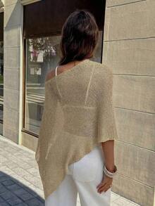Summer New Women's Solid Color Ribbed Light Apricot Knit Cardigan, Asymmetric Hem Design, Fine Shiny Texture Knit, Lightweight & Breathable, Slightly Loose Fit Suitable For Various Body Types, Vacation & Beach Casual Style Top - 卡其色 - 查看 6