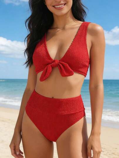2pcs/Set Women's Sexy Bowknot V-Neck High Waist Solid Color Bikini Swimwear, Summer Beach Wear Vacation