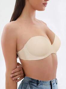 米色亮面女士聚拢文胸，可拆卸肩带，提拉设计，透气舒适，适合日常穿着 - 米色 - 查看 6