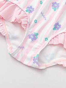 Balabala Young Girl Striped & Ditsy Floral Short Sleeve Romper Swimsuit - Pink - View 5