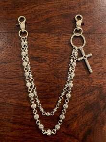 交叉裤链，带龙虾扣吊坠的腰链，钱包链，复古链，双层链，嘻哈朋克风，牛仔裤链，口袋链，男士钥匙扣，多元素裤链 - 古銀色 - 查看 3