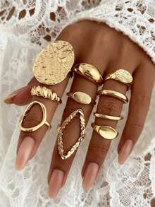 10件套不对称熔岩纹理戒指，小众设计双色可叠戴戒指，女士奢华通勤饰品 - 幾何10件 - 查看 4