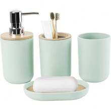 6件套塑料竹制浴室配件套装，包括垃圾桶、皂液器、皂碟、马桶刷架、牙刷架、漱口杯，适合作为生日、节日、乔迁、圣诞节礼物（灰色、黑色、米色、白色） - 彩色 - 查看 24