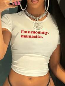 Ladies' Casual T-Shirt With 'I'M A Mom' And 'Mamacita' Prints, Crop Top For Summer And Spring, Women'S Clothing - trắng - Xem 1