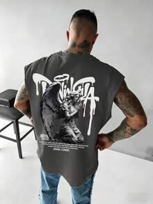 Áo tank top nam cổ tròn in hình thiên thần bóng tối, phong cách thường ngày, thích hợp mặc mùa hè. - Màu xám đen - Xem 2