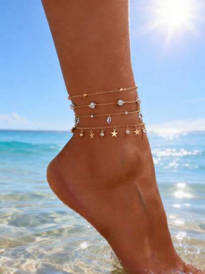 Bộ 3 chiếc vòng chân kiểu dáng tối giản phong cách bãi biển, đính hạt giả pha lê hình giọt nước, thích hợp cho phụ nữ đeo hàng ngày và đi nghỉ mát mùa hè, phụ kiện cho mọi mùa.