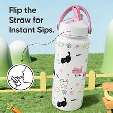 Bình nước giữ nhiệt 32oz có ống hút, thiết kế hình mèo bằng thép không gỉ, nắp lật, ống hút và tay cầm, chống rò rỉ, chất liệu kim loại, có thể tái sử dụng, miệng rộng, thích hợp cho du lịch, phòng tập thể dục và trường học. - Nhiều màu - Xem 2