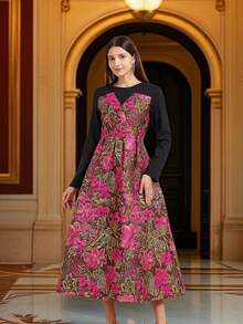 DEVCHATA Vestido largo de manga larga con cuello redondo, estampado floral jacquard y falda amplia, diseño de patchwork adecuado para fiesta, vacaciones, cita (patrón floral aleatorio) - Multicolor - Ver 1