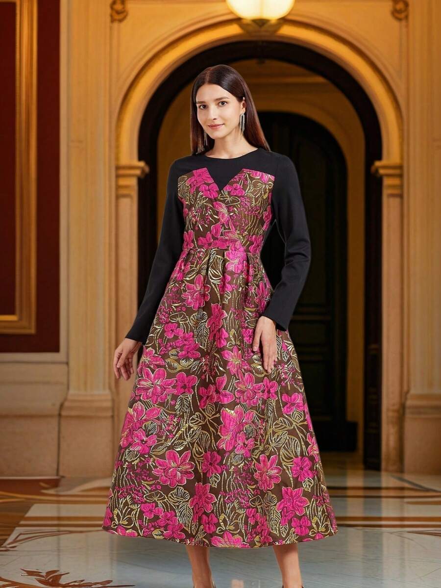 DEVCHATA Vestido largo de manga larga con cuello redondo, estampado floral jacquard y falda amplia, diseño de patchwork adecuado para fiesta, vacaciones, cita (patrón floral aleatorio) - Multicolor - Ver 1