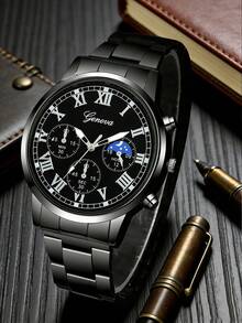 3件組時尚石英手錶套裝，包含羅馬數字月相男士手錶、鏈手鍊、十字架吊墜項鍊和紋理戒指。全黑金屬錶帶與霧面錶盤設計展現粗獷而精緻的風格。實用的男士配件套裝，適合通勤、街頭穿搭、伴郎服飾、節日禮物，可輕鬆搭配正式或休閒裝扮。 - 黑色 - 查看 2