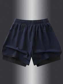 1pc (2-In-1) Women's Sports Shorts, Made Of Polyester And Elastic Fiber Blended Fabric, Breathable And Lightweight, Adjustable Drawstring Waist, Geometric Pattern Design, Suitable For Fitness And Daily Wear, Machine Washable, Comfortable For Multi-Season, Sports & Casual Wear, Functional Design Shorts, Adjustable Comfortable Shorts - Blue - View 2