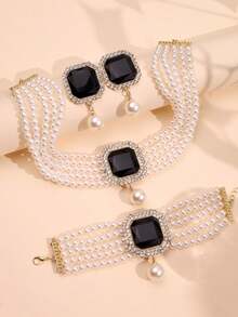 4pcs Set Luxurious Exaggerated Multi-Layer Faux Pearl, Rhinestone And Crystal Embedded Necklace, Earrings, Bracelet Jewelry Set, Suitable For Women's Wedding, Party, And Holiday Gifts - Multicolor - View 9