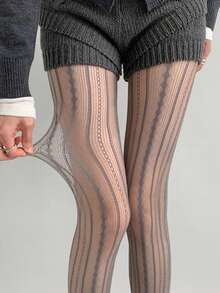 1 Pair Y2K Lace Hollow Out Pantyhose/Women's Ins Fashionable, Grunge Striped Fishnet Tights, Brown Transparent Grid Vertical Striped Thigh High Socks, Punk Rock Stockings Suitable For Party, Music Festival, Street Wear - Multicolor - View 14