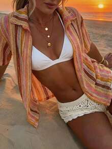 女士亮色条纹针织长衬衫，半袖，翻领，休闲衬衫，适合海滩度假 - 彩色 - 查看 2