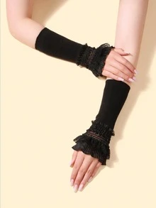 1 双女士洛丽塔风格蕾丝边袖套，夏季防晒遮疤塑形臂套，白色蕾丝边长款针织袖套，甜美洛丽塔时尚配饰 - A - 查看 4