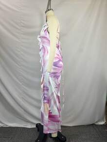 French Print Dress With Straps, Ruffles And An Irregular Cut For Spring - Purple - View 7