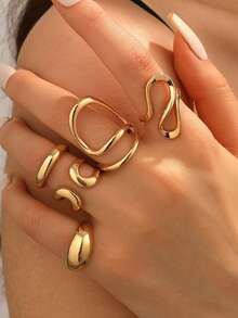 Set de 5 anillos geométricos para mujer, diseño de metal retorcido para nudillos, versátil - Juego de anillos - Ver 1