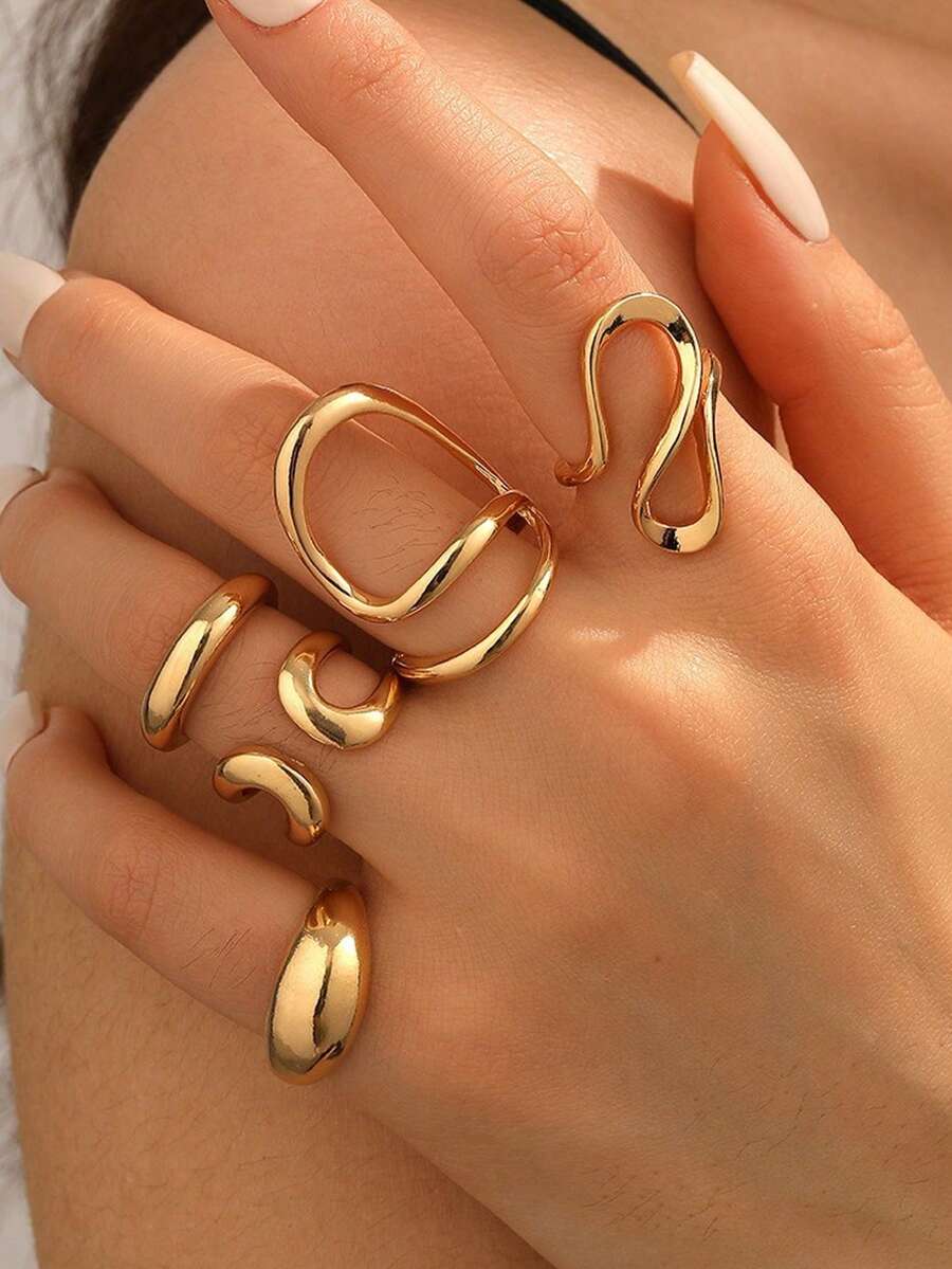 Set de 5 anillos geométricos para mujer, diseño de metal retorcido para nudillos, versátil - Juego de anillos - Ver 1