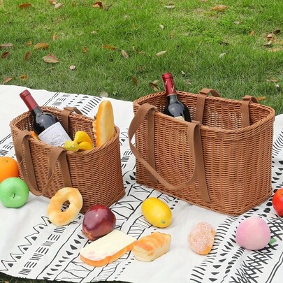 2pcs Woven Rattan Basket, Picnic Basket, Outdoor Fruit Picking Basket, Snack Shopping Basket, Handmade Woven Storage Basket