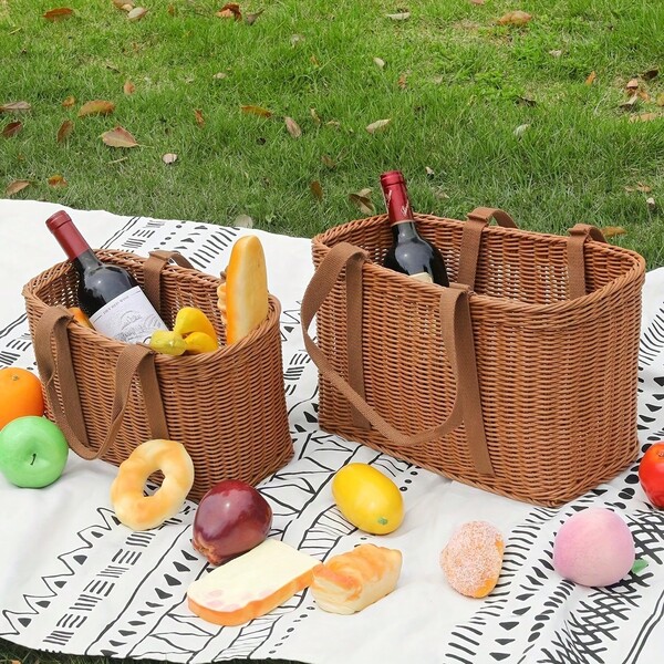 2 chiếc giỏ đan bằng mây, giỏ dã ngoại, giỏ hái trái cây ngoài trời, giỏ mua sắm đồ ăn nhẹ, giỏ đựng đồ đan thủ công.