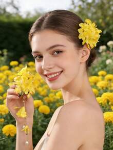 2个女士清新优雅绣球珍珠发夹，适合日常佩戴，居家、学校、海滩、办公室、派对、节日、生日、返校、新年、情人节、母亲节、婚礼、音乐节、毕业典礼等场合。 - 黃色 - 查看 6