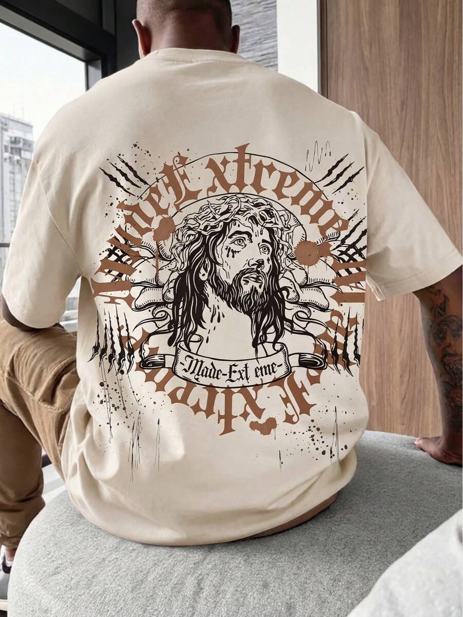 男士复古耶稣印花高街哥特风圆领短袖T恤 - 彩色 - 查看 1