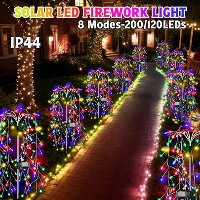 Solar Outdoor LED Garden Lights, 29.3 Inches Waterproof Solar Firework String Lights With 200 LEDs, 8 Lighting Modes For Garden Path, Lawn, Patio, Walkway, Holiday Christmas Decor