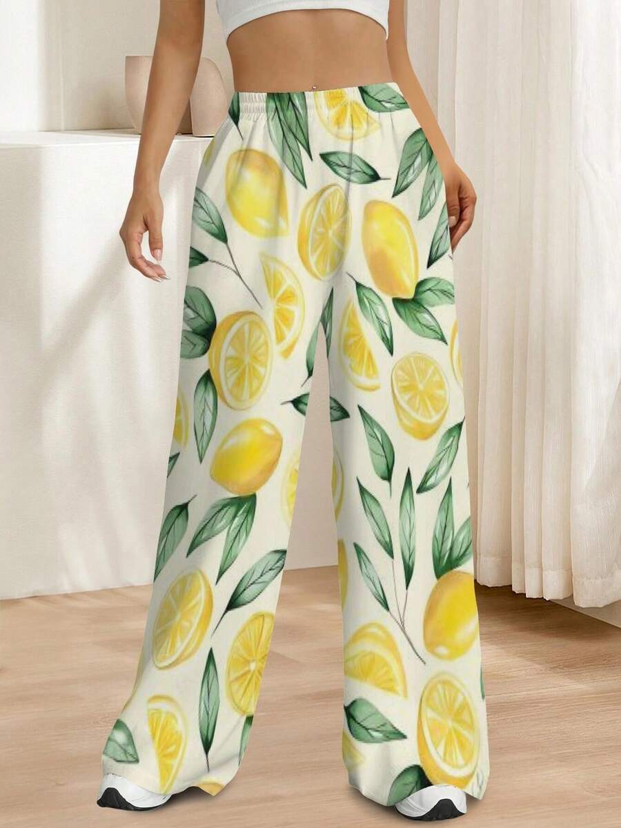 Women Summer Wide Leg Pants Lemon Print Fresh Citrus Leaf Pattern Round Neck Casual Top Soft Cotton Graphic Tee Fashion Fashion Hot Weather Comfortable Stylish Available Multiple Sizes Yoga Pants - 彩色 - 查看 1