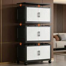 2/3/4/5-Tier Foldable Double Door Storage Cabinet With Wheels - Collapsible Stackable Plastic Storage Organizer For Bedroom, Kitchen, Office And Living Room, Portable Rolling Cabinet With Sturdy Construction, Space-Saving Black And White Design For Clothes, Books, Toys And Sundries - Xem 6