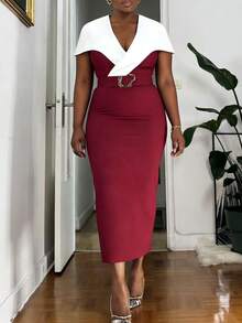 Elegant Contrast Color V-Neck Midi Dress With Waist Belt, Knitted Fabric, Side Slit, Suitable For Daily Wear, Formal Occasions, Office, Dates, Weddings, Spring & Autumn - Multicolor - View 2