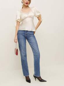 Womens Summer Satin Tops Lace Patchwork Short Puff Sleeves V-Neck Blouse With Adjustable Ribbon Ties - 香檳色 - 查看 2