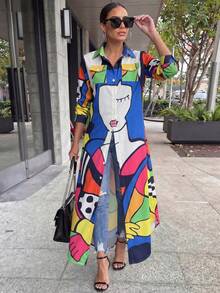 Damen Mode Langarm Blume Muster Hemdkragen Langes Lässiges Elegantes Kleid - Verschiedenfarbig - Übersicht 1