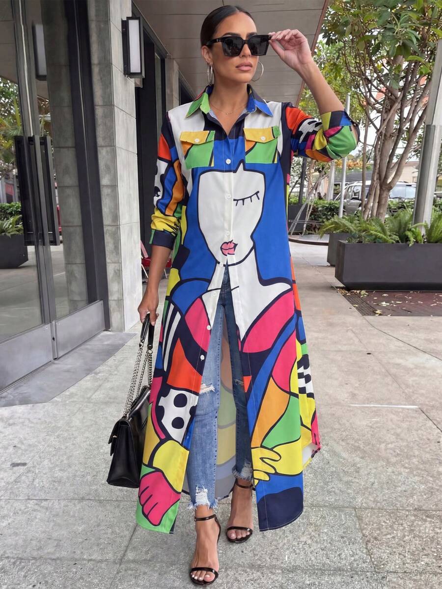 Damen Mode Langarm Blume Muster Hemdkragen Langes Lässiges Elegantes Kleid - Verschiedenfarbig - Übersicht 1