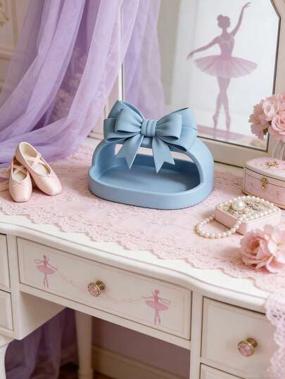 1pc Dreamy Hazy Blue Bowknot Jewelry Tray, Princess Style Desktop Decor Organizer Holder For Necklaces, Earrings, Rings