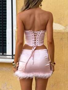 Women's Two Piece Skirt Set Strapless Backless Furry Trim Crop Top Mini Skirt Mid Waist Fitted Solid Color Soft  Summer Vacation Party Outfits, Conjunto De Dos Piezas Mujer Elegante - 粉色 - 查看 3