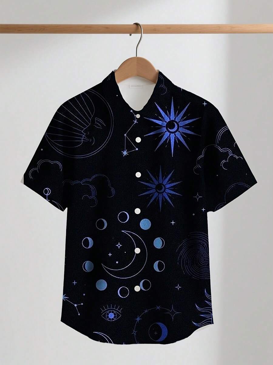 Starry Moonlight And Cosmic Constellation Pattern Symbolize The Mystery Of The Universe And The Endless Journey Of Dreams 3D Printed Men's Casual Short Sleeve Shirt - White - View 1