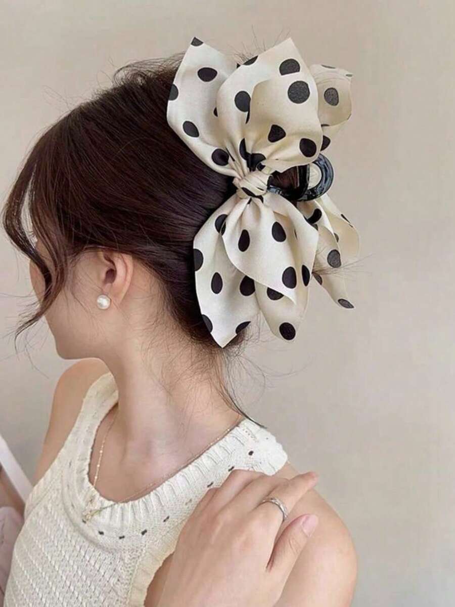 1pc Polka Dot Mesh Bow Hair Claw, Sweet - White Polka Dots - View 1
