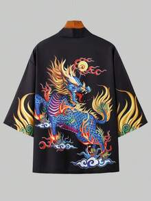 雄伟麒麟七分袖长袍，吉祥云火印花宽松休闲和服开衫（男士款） - 黑色 - 查看 4