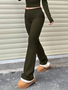 女士休闲纯色阔腰喇叭裤，高腰褶皱修身打底裤 春季 - 橄欖綠 - 查看 7