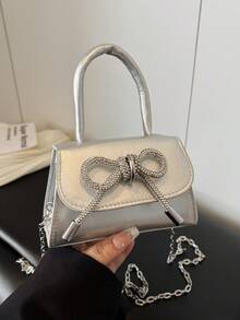 蝴蝶结迷你手提包，韩版时尚女士新款简约链条单肩斜挎包 - 銀色 - 查看 2